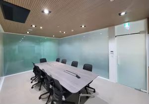 Conference room with frosted privacy film on glass walls